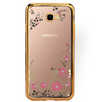 Луксозен силиконов гръб ТПУ ултратънък с 3D камъни и златист кант за Samsung Galaxy J4 Plus 2018 J415F розови цветя